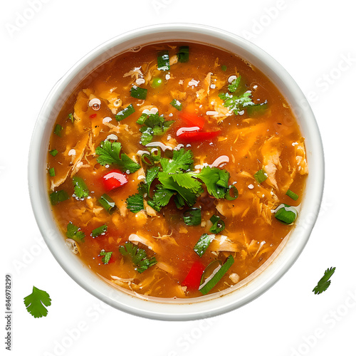 [Transparent Background PNG]Top view of delicious chicken noodle soup with vegetables and greens