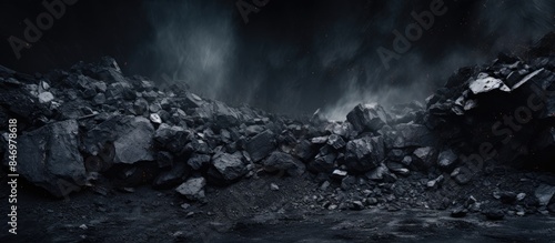 Dark stormy night sky above heap of rocks, reflecting mining and quarrying industry with raw materials like coal and minerals. with copy space image. Place for adding text or design