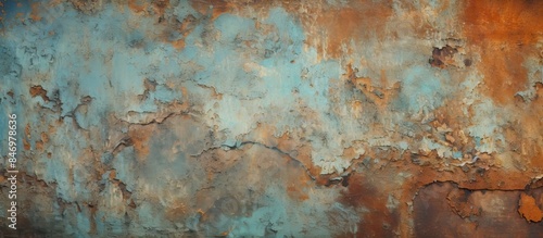 A weathered metal background with rust and peeling blue and brown paint. with copy space image. Place for adding text or design