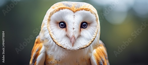 The barn owl Tyto alba, renowned for its global distribution, is characterized by its piercing blue eyes and distinctive white facial features. with copy space image. Place for adding text or design photo