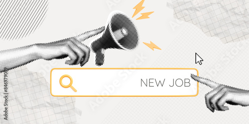 Trendy Halftone Collage Announcement for hiring new employees for job. Online vacancy. Hand point to search bar and megaphone. Career opportunity. New addition to team. Contemporary vector art
