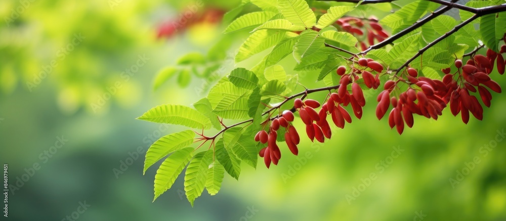 Fototapeta premium Branch of tree bearing red berries up close in detail, showcasing nature's vibrancy. with copy space image. Place for adding text or design