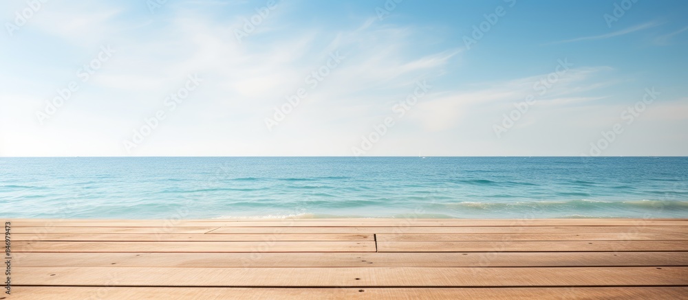 Wooden deck with ocean view against a backdrop of blue sky and clouds, perfect for relaxation and soaking in the scenery. with copy space image. Place for adding text or design Wooden deck with ocean view against a backdrop of blue sky and clouds, perfect for relaxation and soaking in the scenery. with copy space image. Place for adding text or design