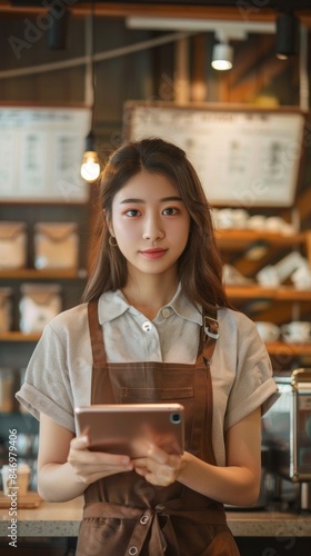 A woman in a coffee shop holding a tablet