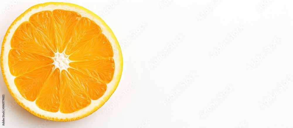 Fototapeta premium Half of fresh orange fruit placed on a clean white surface, showcasing vibrant color and juicy texture. with copy space image. Place for adding text or design