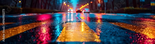 Low angle view of a wet road at night with colorful blurred lights from the traffic. © Amonthep