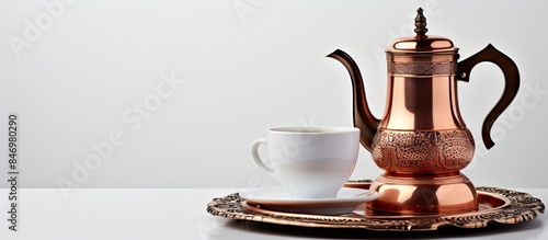 Tray features a coffee pot ...