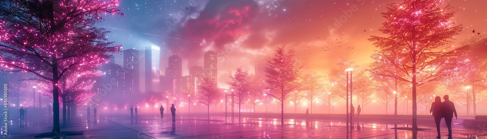 A beautiful park with cherry blossom trees and a city in the background A beautiful park with cherry blossom trees and a city in the background