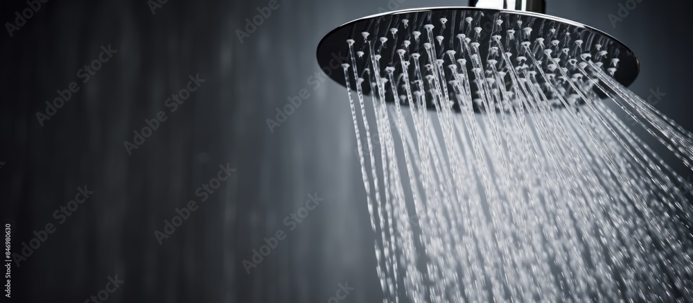 Water flowing from a shower head in a close-up view, showcasing the smooth stream of water. with copy space image. Place for adding text or design Water flowing from a shower head in a close-up view, showcasing the smooth stream of water. with copy space image. Place for adding text or design