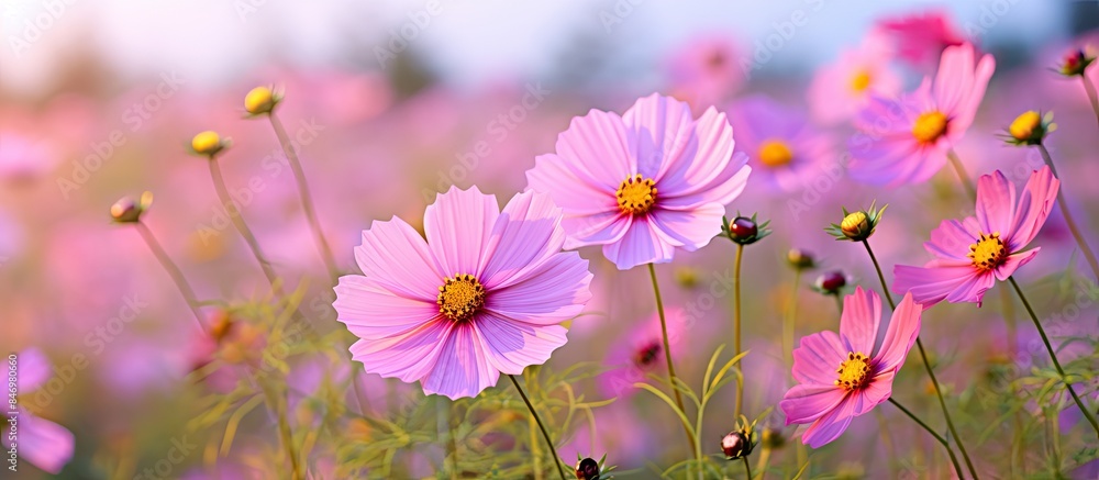 Beautiful mustard pink flowers are in full bloom amidst the lush green field. with copy space image. Place for adding text or design Beautiful mustard pink flowers are in full bloom amidst the lush green field. with copy space image. Place for adding text or design