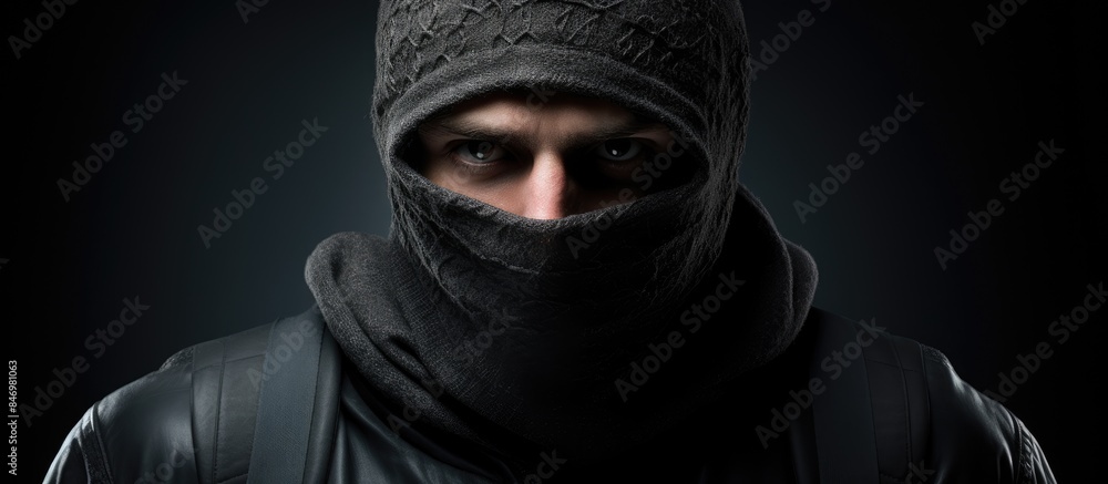 A man wearing a black jacket and hat, his face covered with a hood and scarf like a criminal or gang member. with copy space image. Place for adding text or design A man wearing a black jacket and hat, his face covered with a hood and scarf like a criminal or gang member. with copy space image. Place for adding text or design