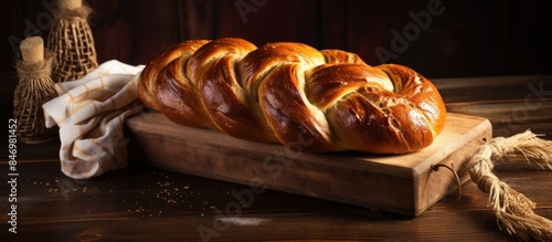 Kitke bread, also known as Challah bread, displayed on a rustic wooden cutting board. with copy space image. Place for adding text or design photo