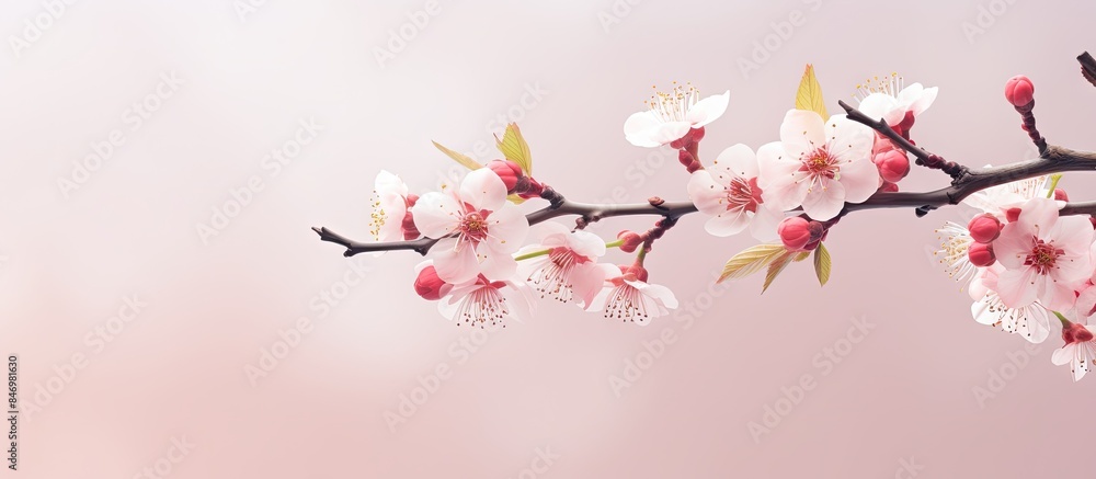 Blooming cherry blossoms on a branch of a tree with white flowers in full bloom. with copy space image. Place for adding text or design Blooming cherry blossoms on a branch of a tree with white flowers in full bloom. with copy space image. Place for adding text or design