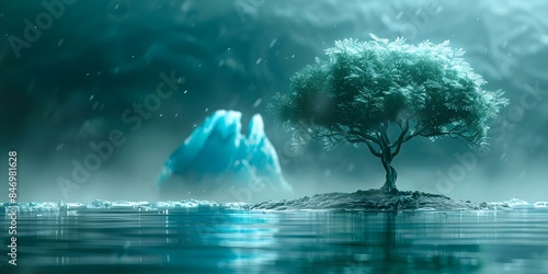 Futuristic Photorealistic Fusion Tropical Tree and Icy Iceberg. Concept Futuristic Photography, Photorealistic Art, Fusion Imagery, Tropical Tree, Icy Iceberg