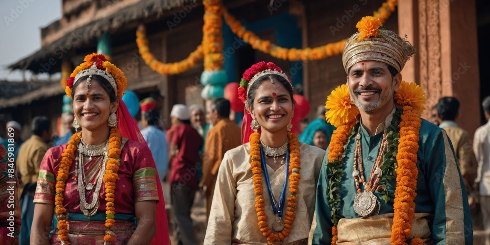 Fototapeta premium A group of people in vibrant traditional Indian festival attire, smiling and enjoying the festivities