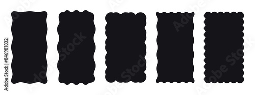 Set of 5 black rectangle with wavy borders. Trendy frame for a photo, picture or mirror. Template, stickers, social media. Vector illustration isolated on a white background.