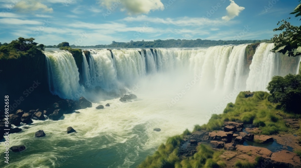 A scenic view of a waterfall from afar, suitable for use in travel or nature-themed projects A scenic view of a waterfall from afar, suitable for use in travel or nature-themed projects