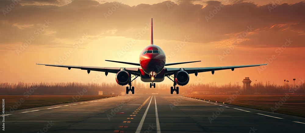 Naklejka premium A commercial aircraft landing on a runway with the sun setting in the background. with copy space image. Place for adding text or design