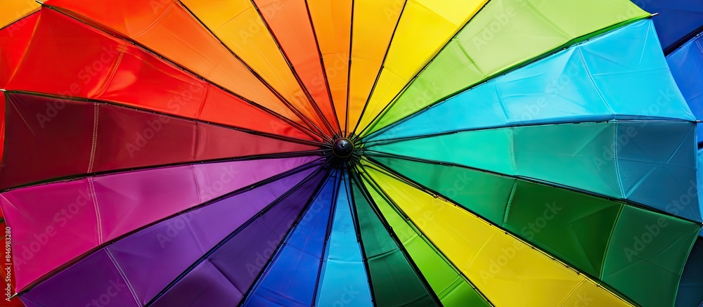 Fototapeta premium Vibrantly colored umbrella featuring a black handle juxtaposed with a contrasting white handle. with copy space image. Place for adding text or design