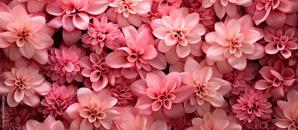 Grouping of elegant pink flowers displayed beautifully on a wall, showcasing popular floral language. with copy space image. Place for adding text or design Grouping of elegant pink flowers displayed beautifully on a wall, showcasing popular floral language. with copy space image. Place for adding text or design