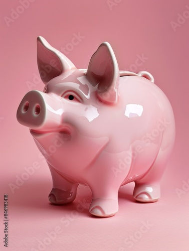 A shiny pink ceramic piggy bank against a matching pink background, symbolizing savings and finance.