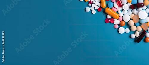 Various pills and vitamins neatly arranged on a blue background, ready for consumption. with copy space image. Place for adding text or design photo