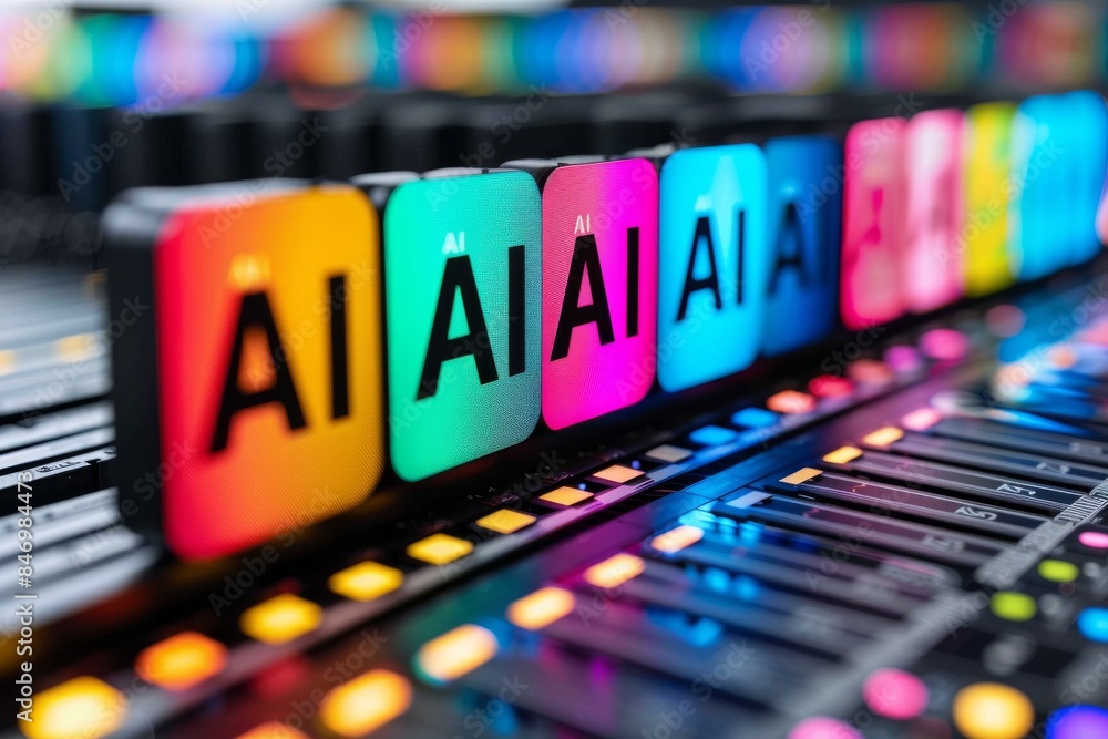 Colorful AI keyboard keys, digital art, technology innovation, artificial intelligence, high tech visuals, cyber theme, modern design Colorful AI keyboard keys, digital art, technology innovation, artificial intelligence, high tech visuals, cyber theme, modern design