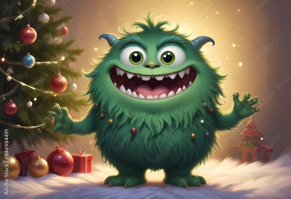 A Christmas card with a monster with a Christmas tree in the background
A Christmas card with a monster with a Christmas tree in the background