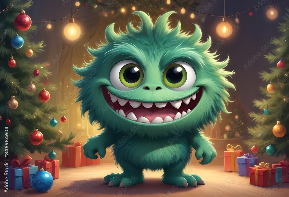 A Christmas card with a monster with a Christmas tree in the background
A Christmas card with a monster with a Christmas tree in the background