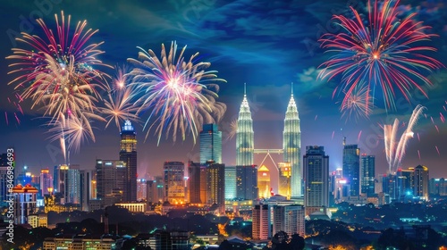 Illustration of the Malaysian skyline, Fireworks over the city of Kuala Lumpur. Ai generated image