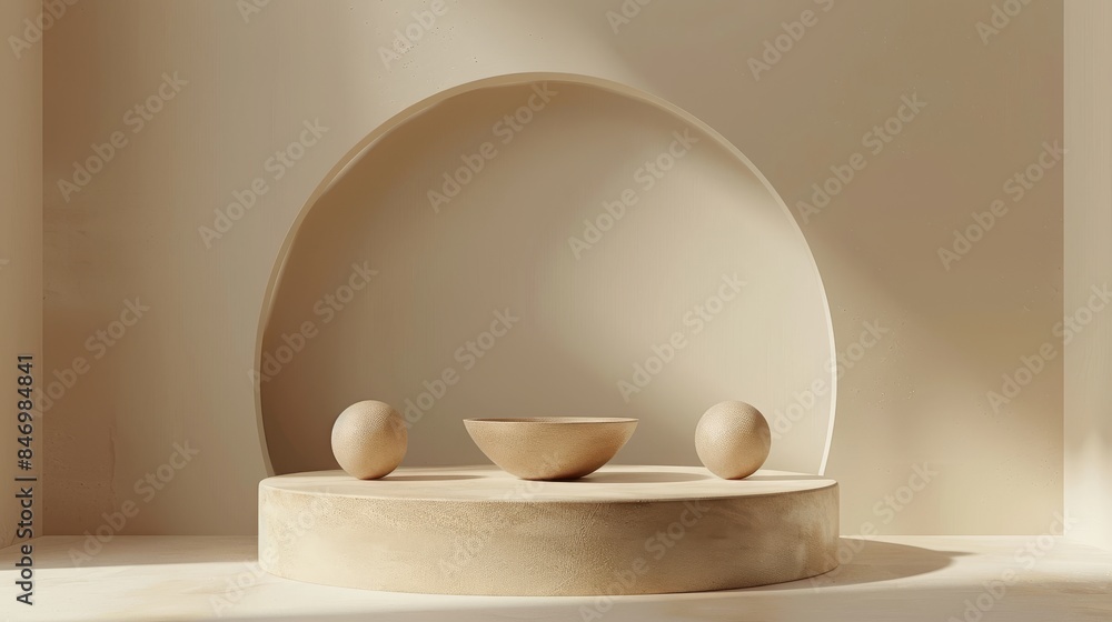 A white room with a round pedestal in the center A white room with a round pedestal in the center