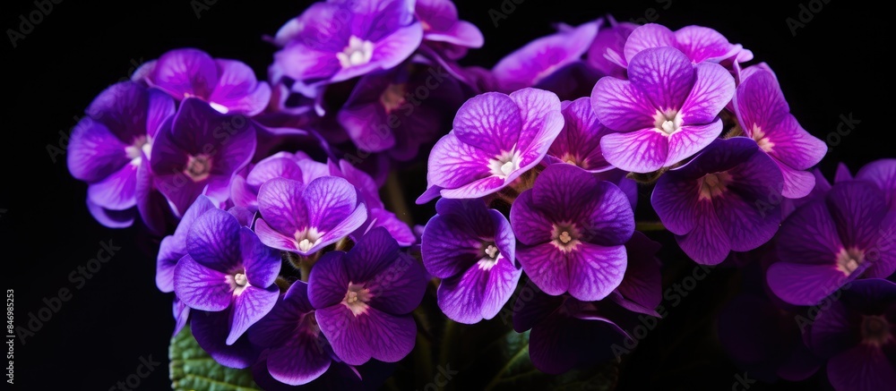 Purple primula flowers in a vase placed against a black background, showcasing beautiful macro details. with copy space image. Place for adding text or design Purple primula flowers in a vase placed against a black background, showcasing beautiful macro details. with copy space image. Place for adding text or design