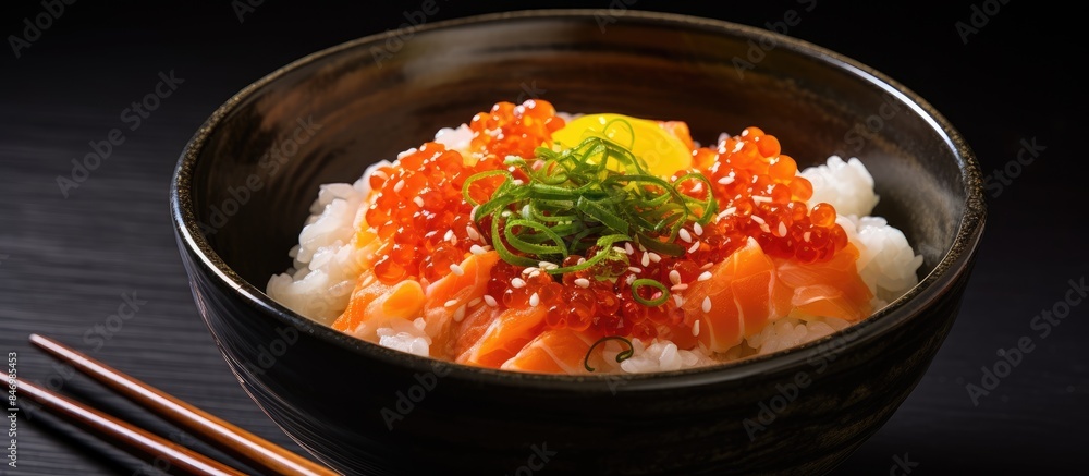 Delicious seafood rice bowl featuring salmon, crab, and salmon roe served in a bowl. with copy space image. Place for adding text or design Delicious seafood rice bowl featuring salmon, crab, and salmon roe served in a bowl. with copy space image. Place for adding text or design