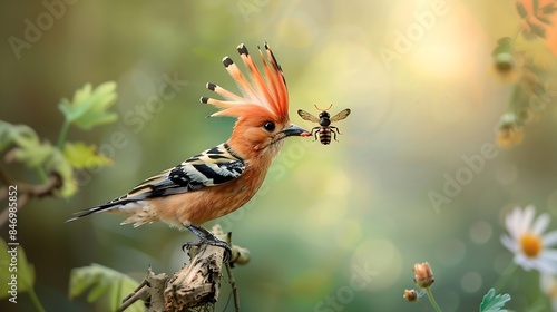 Eurasian hoopoe Upupa epops bird with beetle insect in beak and raised crest One of the most beautiful birds of Europe aproaching nesting site Wildlife scene of nature in Europe : Generative AI photo