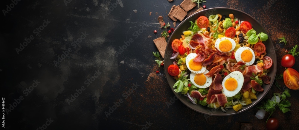 Vegetable salad with crispy bacon strips and boiled eggs, garnished with fresh tomato slices. with copy space image. Place for adding text or design Vegetable salad with crispy bacon strips and boiled eggs, garnished with fresh tomato slices. with copy space image. Place for adding text or design