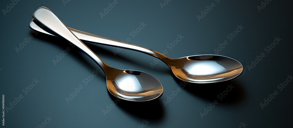 Pair of spoons with handle placed on a sleek black tabletop. with copy space image. Place for adding text or design Pair of spoons with handle placed on a sleek black tabletop. with copy space image. Place for adding text or design