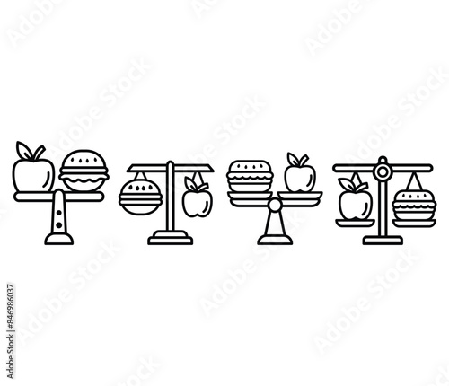 balanced diet apple burger icons vector design simple line flat illustration black white colors sets