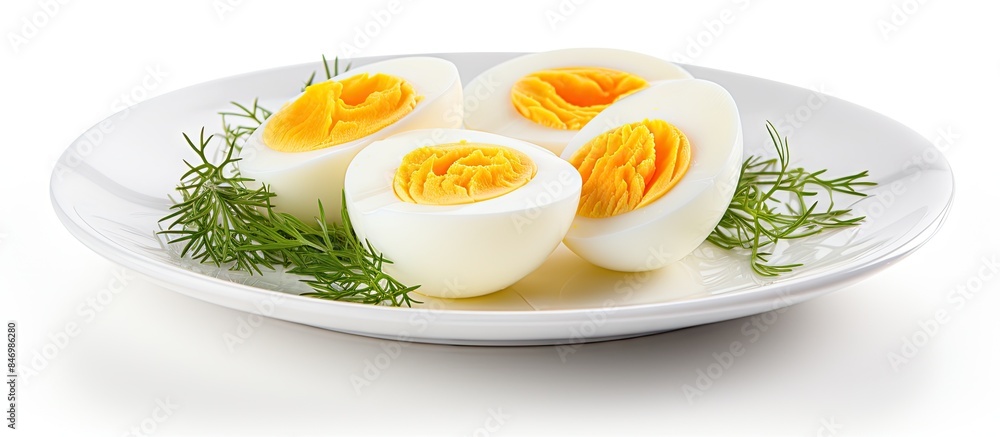 Plate displaying four hard-boiled eggs garnished with dill, showcasing isolated egg varieties on a white background for a nutrition concept. with copy space image. Place for adding text or design Plate displaying four hard-boiled eggs garnished with dill, showcasing isolated egg varieties on a white background for a nutrition concept. with copy space image. Place for adding text or design
