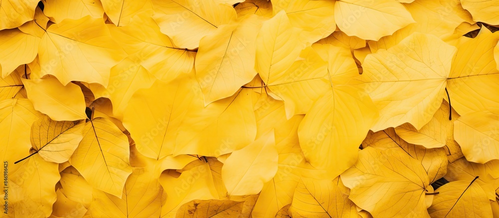 Yellow autumn leaves are scattered across a park wall creating a textured background. with copy space image. Place for adding text or design Yellow autumn leaves are scattered across a park wall creating a textured background. with copy space image. Place for adding text or design