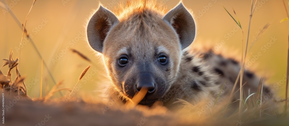 Hyena And Dogs Sharing Morning Grass Planting Reference: Cute Spotted Hyena Pup Peeking Out Amidst Tall Grass During
