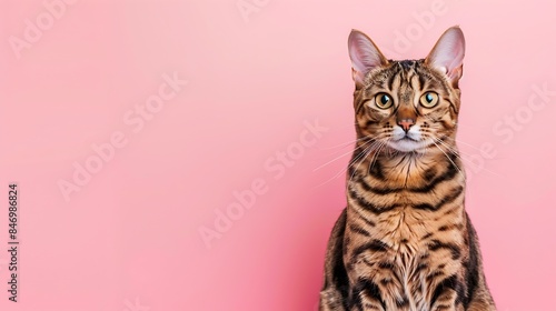 Portrait of a Bengal cat on a pink background Copy space : Generative AI photo
