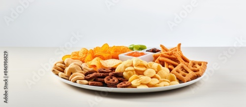 Various salty snacks displa...