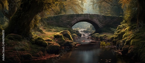 An aged wooden bridge cross...