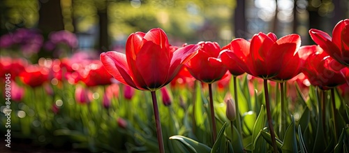 Red tulips blooming abundan...