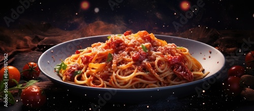Spaghetti dish featuring vi...