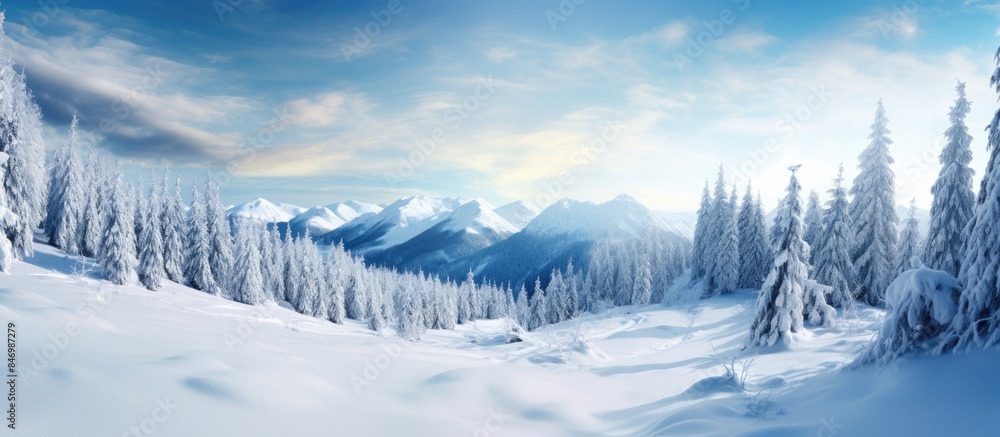 Fototapeta premium Pine winter forest blanketed in snow with majestic mountains in the backdrop. with copy space image. Place for adding text or design
