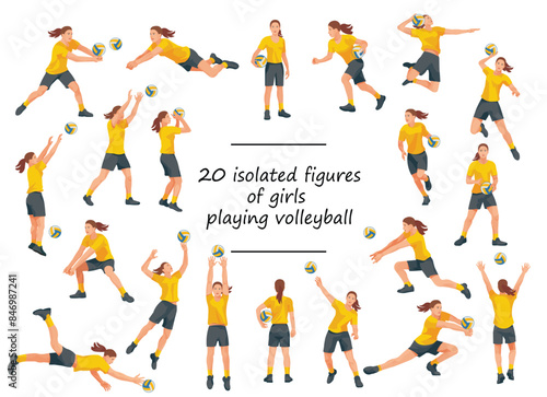 20 women's volleyball girl players isolated figures in yellow T-shirts running, jumping, catching, throwing the ball on white background
