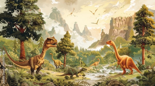 Fototapeta Naklejka Na Ścianę i Meble -  dinosaur background with friendly dinosaurs and ancient trees