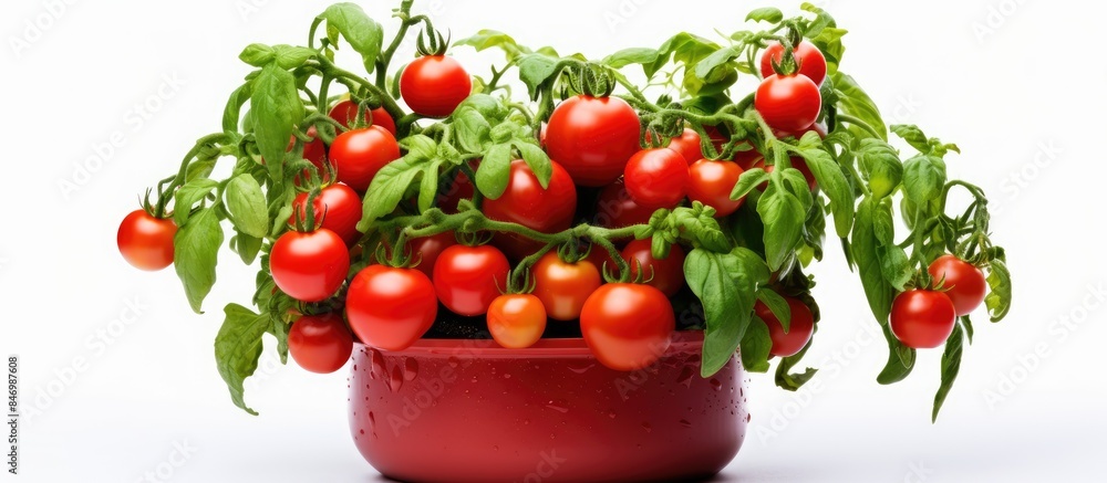 Fresh tomatoes in a vibrant red pot, ready for cooking or gardening. with copy space image. Place for adding text or design Fresh tomatoes in a vibrant red pot, ready for cooking or gardening. with copy space image. Place for adding text or design