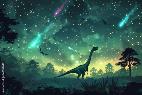 Fototapeta Naklejka Na Ścianę i Meble -  dinosaur background with dinosaurs and sparkling meteor showers